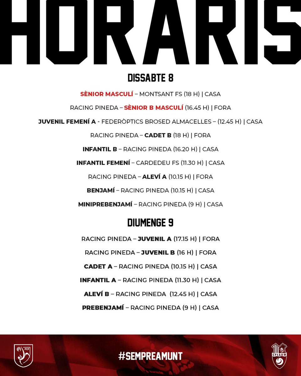 ⚪🔴 PARTITS DEL CAP DE SETMANA

⚔️ 15 PARTITS

🏟️ 9 A CASA

🚍 6 A FORA 

#SempreAmunt