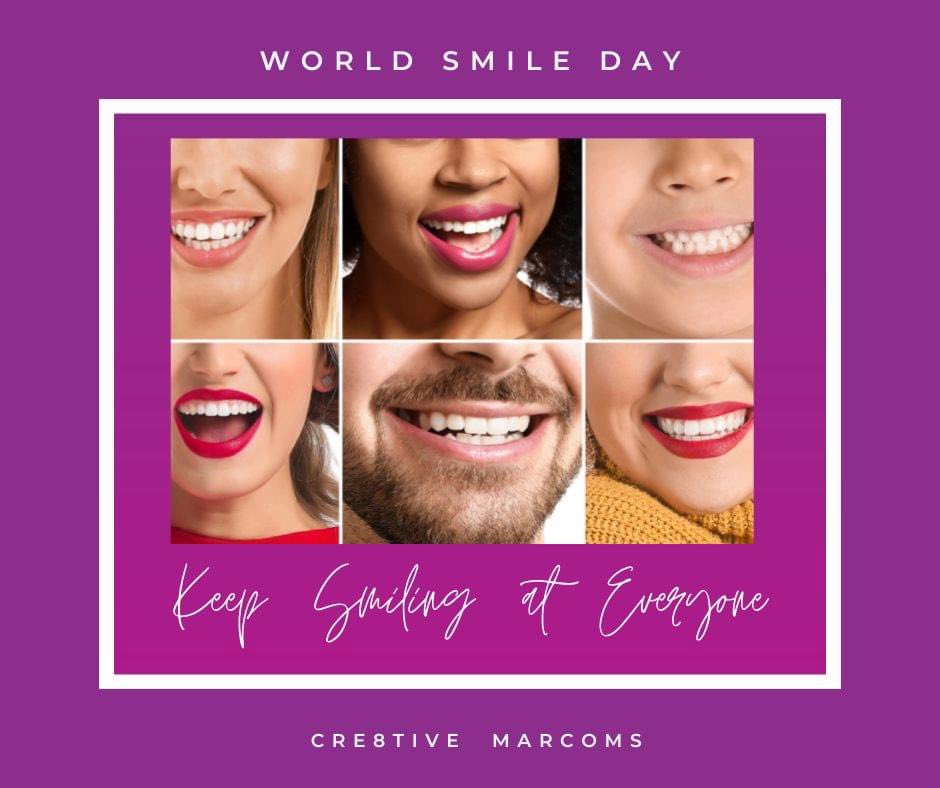 Cre8tiveMarComs's tweet photo. Today is #WorldSmileDay  A smile changes everything 😃 
✅Helps #reducestress and elevate moods by releasing #dopamine, #serotonin and #endorphins.
✅ increase #endurance.
✅Reduces pain.
✅Strengthens the #immunesystem.
✅Most of all, your #smiles cheer up those around you. https://t.co/XjnZW5U5wy