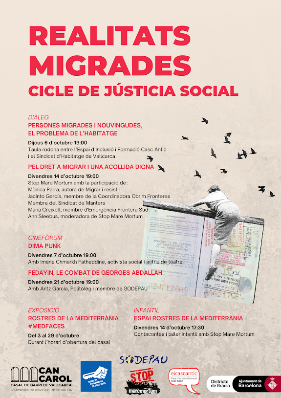 Participem en el cicle #RealitatsMigrades a <a href="/CBCanCarol/">Casal de Barri Can Carol</a>! ✊

📆 Divendres 14 d'octubre
👉 Contacontes Rostres de la Mediterrània. 17.30 h
👉  Taula rodona "Pel dret a migrar i una acollida digna", amb <a href="/CoordinadoraOF/">Coordinadora Obrim Fronteres #regularitzacioxtotes</a> <a href="/EmergenciafsB/">EmergenciaFS_BCN</a> <a href="/sindicatomanter/">✳️ Sindicat Manter BCN</a> i <a href="/Fotomovimiento/">Fotomovimiento</a>. 19 h