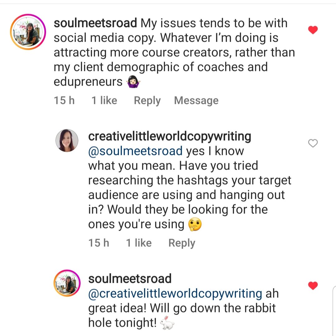 One of my Instagram posts started this conversation and I think it's worth sharing... Where are your target audience hanging out? Which hashtags are they following? That's where you need to hang out. Not just in your industry area 🙌
