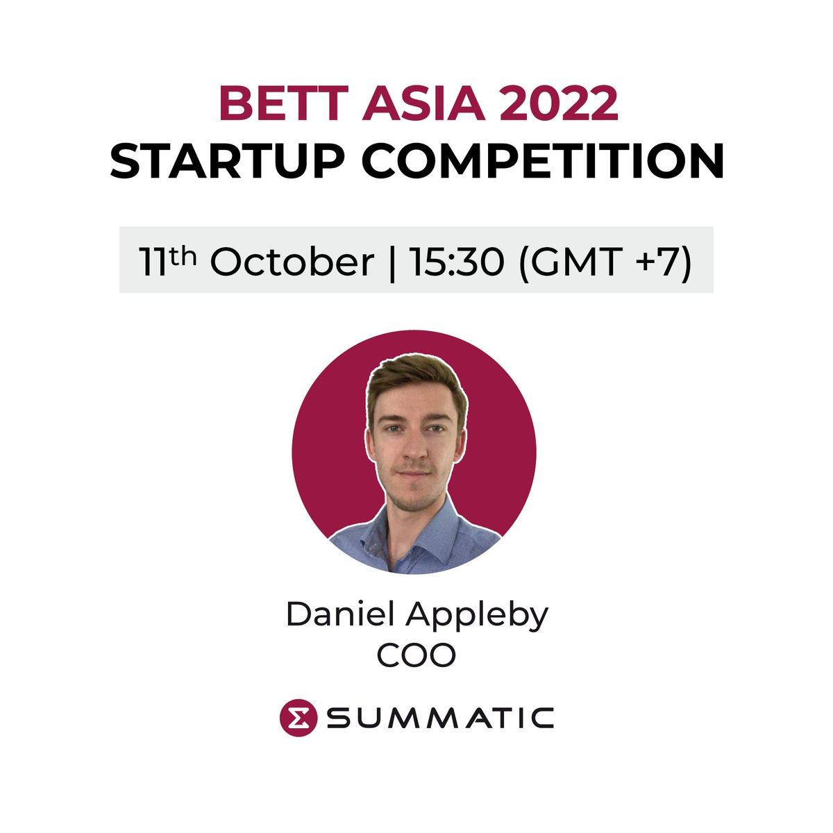 Summatic (@summatic) on Twitter photo We are very excited to be one of the finalists in the <a href="/Bett_show/">Bett Global</a> Asia startup competition.
Our COO Daniel Appleby will present in front of a judging panel of experts illustrating our support for students and educators.
The winner will be announced on the same day. Stay tuned! We are very excited to be one of the finalists in the <a href="/Bett_show/">Bett Global</a> Asia startup competition.
Our COO Daniel Appleby will present in front of a judging panel of experts illustrating our support for students and educators.
The winner will be announced on the same day. Stay tuned!