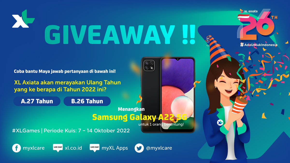 🎉 HAPPY BIRTHDAY XL AXIATA 🎉
Menuju hari ulang tahun XL Axiata, ada Giveaway 1 unit Samsung Galaxy A22 5G nih dari Maya!

Mau? Gini caranya:
1. Follow akun Twitter <a href="/myXLCare/">myXLCare</a> 
2. RT &amp; Like tweet ini 
3. Jawab pertanyaan sebanyak mungkin dengan benar
4. Gunakan hashtag #XLGames