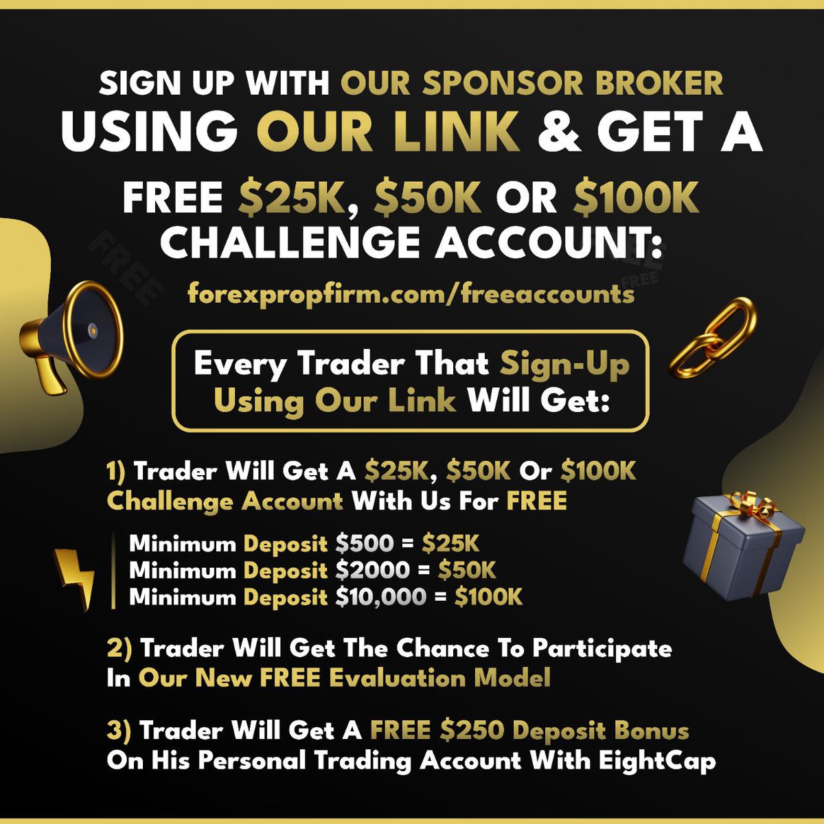 forex_prop_firm's tweet photo. GET A $25,000, $50,000, $100,000, $200,000 or $400,000 CHALLENGE ACCOUNT FOR FREE!📢

You will be eligible to scale your account up to $10,000,000 according to our scaling plan💯

📲Link :  https://t.co/Z83XUmSlCn

#forextrader #forextrading #propfirm https://t.co/adXO0vLuML