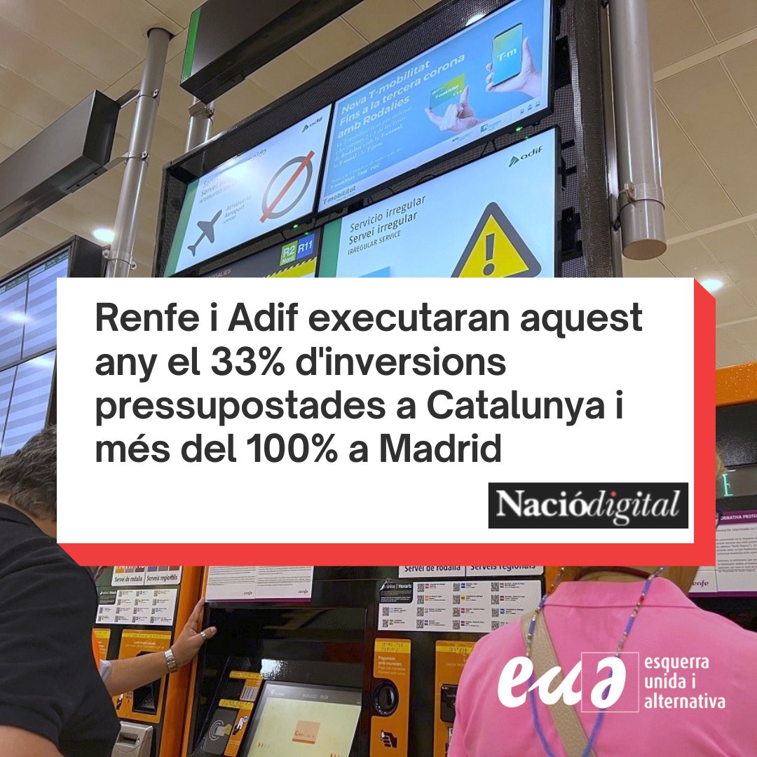 EUiA_cat's tweet photo. 🚆 Mentre cada dia convivim amb els retards, avaries i problemes amb els trens, ens arriben notícies com aquesta: només s'executarà un 33% de les inversions pressupostades, i es premia a Madrid amb més del 100%.

😡 Ja n'hi ha prou. Inversió real ja.

https://t.co/lTIP485T7l https://t.co/QvpB2lVuke