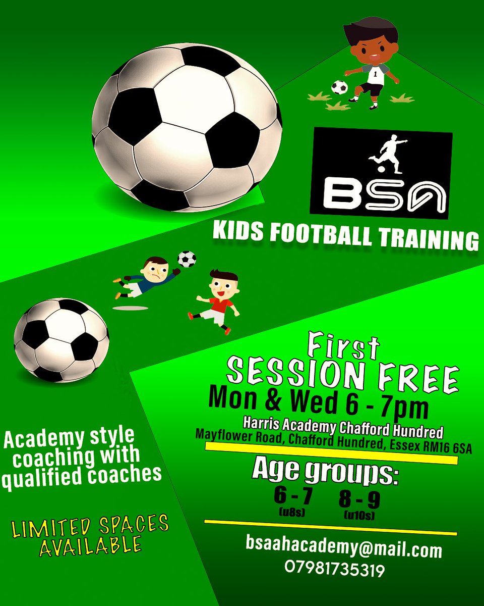 Run by the Brian Saah academy.

The camp is up at running at Harris Academy Chafford Hundred! This gives young footballers, at either U8's (Aged 6-7) or U10's (Aged 8-9) a chance to gain fun experience with academy style coaching with qualified coaches.
