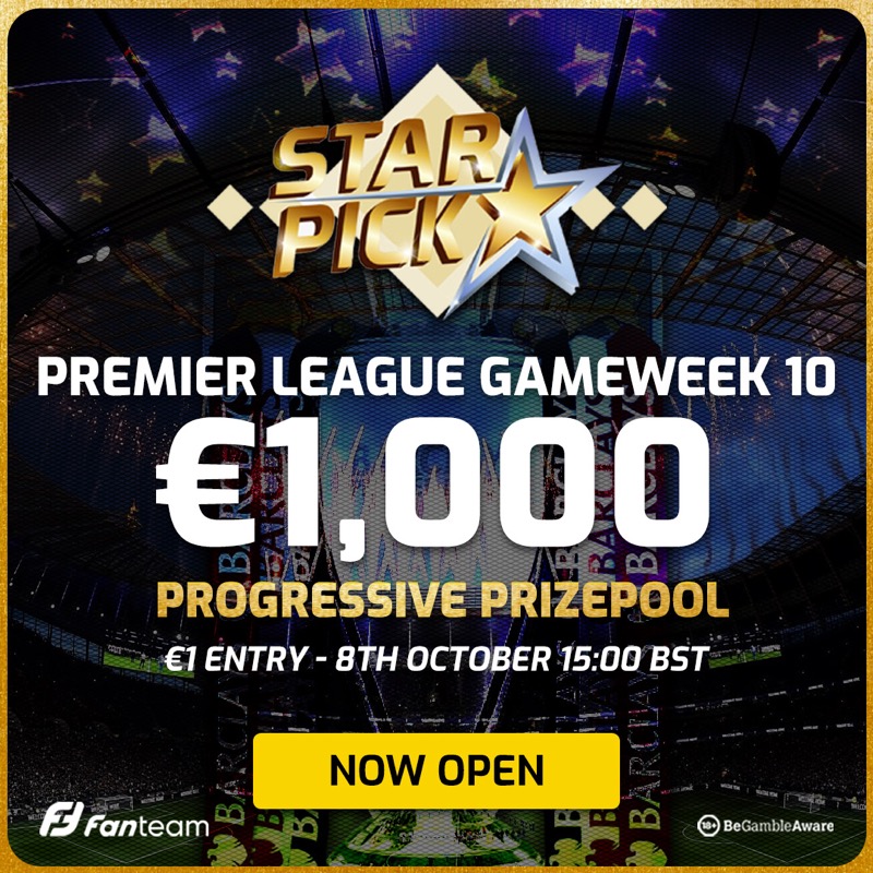 FanTeamOfficial's tweet photo. 🎟 MONSTER TICKET GIVEAWAY 🎟

Introducing… ⭐️ 𝗦𝗧𝗔𝗥 𝗣𝗜𝗖𝗞 ⭐️

Fanteam’s NEW &amp; exclusive fantasy game is open for #GW10

Pick just 1️⃣ player (not 11), who you think will be the highest fantasy points-scorer in Gameweek 10

♻️ Retweet to win 1 of 10 Weekly Monster tickets*