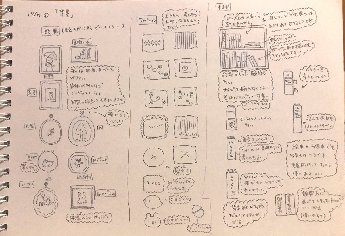 #3ヶ月上達法
5巡目。課題の「背景線画」5日目。
今日はインテリア系の小物などを勉強しました✏️🏠
部屋の景色を描くための引き出しを増やすぞ…の気持ちです💪
今回も、後から振り返って見返せるようにまとめました☺️がんばった!✨✨ 