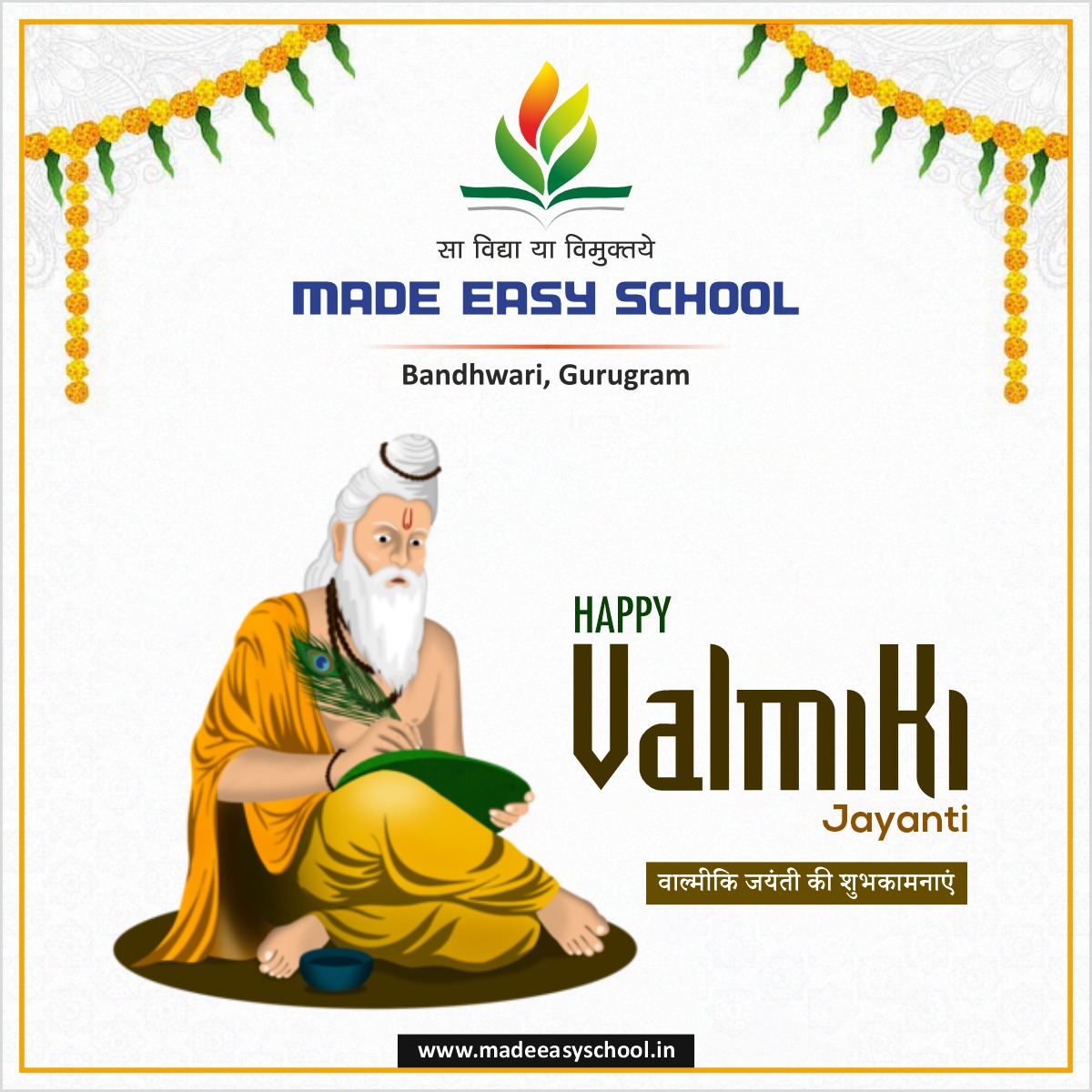 MADEEASYSCHOOLS's tweet photo. On the auspicious occasion of Pargat Diwas, let us seek the blessings of Maharishi Valmiki to discover the purpose of our lives and to practice good karma regularly. Wishing you a happy Valmiki Jayanti!

#ValimikiJayanti #pragatidiwas #maharishivalmiki #MADEEASYSCHOOL https://t.co/MJLz9vuN5V