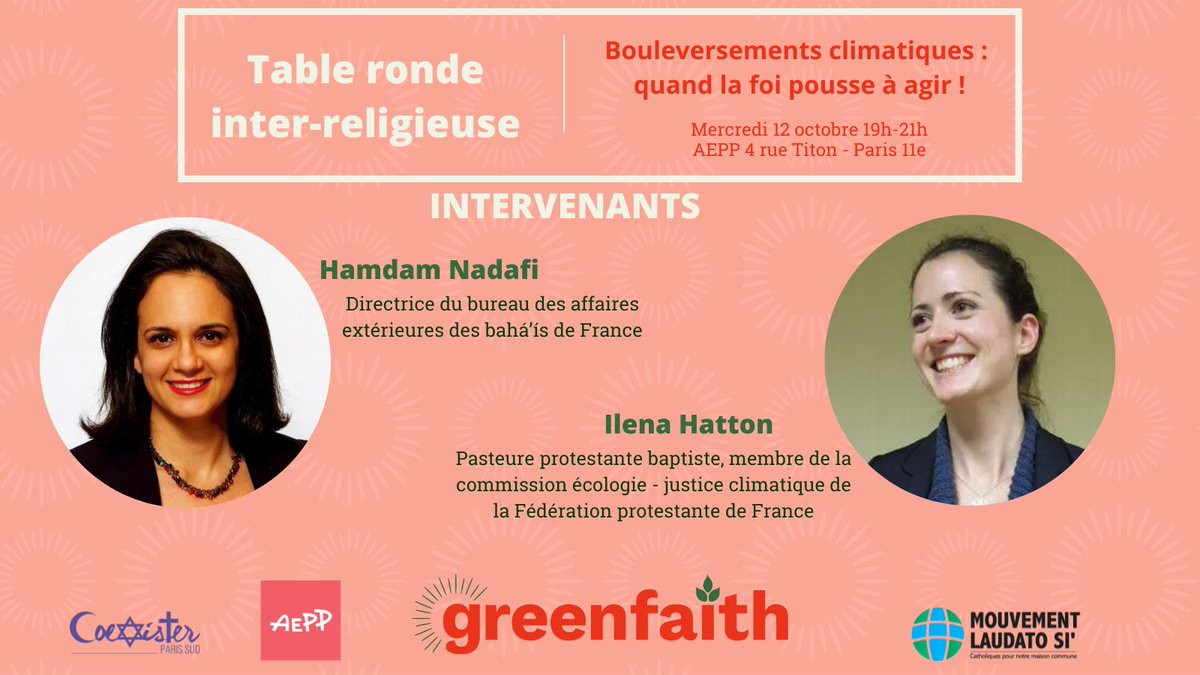 👀Découvrez les 2 dernières intervenantes pour notre table ronde du 12/10 " Bouleversements climatiques : quand la foi pousse à agir !" (Les 2 derniers demain !)
👉Rdv le 12 octobre à 19h à l'<a href="/AEPP_Titon/">AEPP</a> !

<a href="/MouvementLS/">Mouvement Laudato Si’</a> <a href="/NadafiHamdam/">Hamdam Nadafi</a> <a href="/FPFCom/">Fédération protestante de France (FPF)</a> <a href="/FPFclimat/">FPFclimat 🌎  ✝️</a> <a href="/CoexisterParis/">Coexister Paris</a>