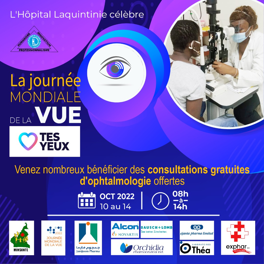 LaquintinieCMR's tweet photo. A l'occasion de la journée mondiale de la vue, venez nombreux bénéficier des consultations gratuites d'ophtalmologie du 10 au 14 octobre 2022, entre 8h et 14h.

https://t.co/L8zrcYEiOP

#AimezVosYeux #LaquintinieAvecVous #Laquintinie https://t.co/ILmaAFFjQD