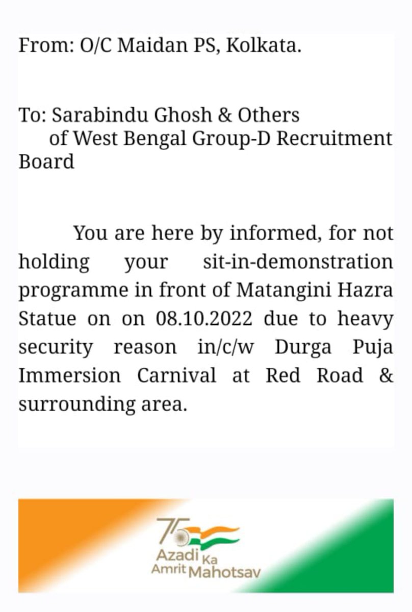 SuvenduWB's tweet photo. Mamata Police is unethically pressurising the deprived meritorious Group D, SSC sit-in demonstrators; who've been allowed by Hon'ble Calcutta High Court, to move from the Matangini Hazra statue area. Their legitimate protest is perceived by WB Govt as a blemish on the Carnival. https://t.co/N7j7z7LMZl