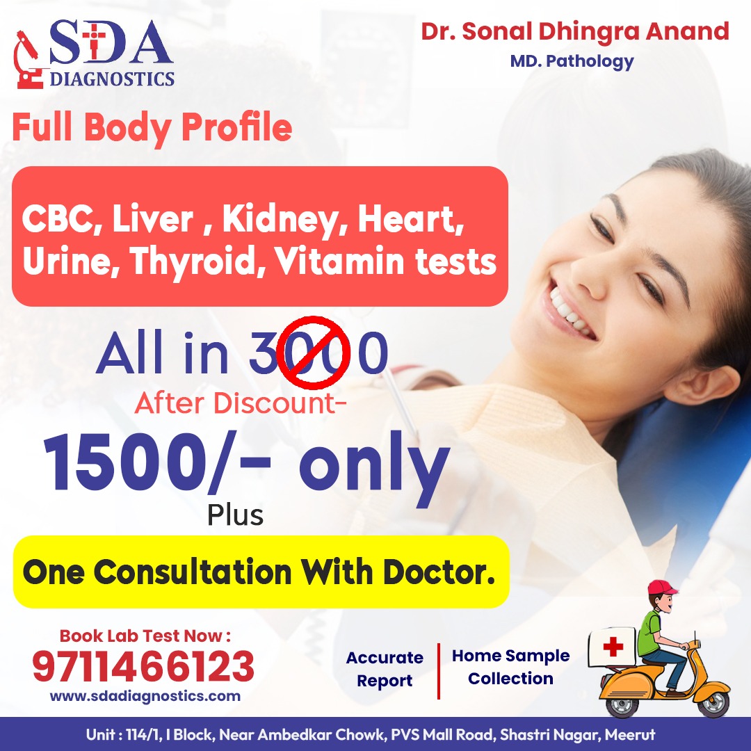 sda_diagnostic's tweet photo. Full body Profile
CBC, Liver, Kidney, Heart, Urine, Thyroid, Vitamin test
Now only for Rs. 1500/-
and an added advantage of One Consultation with Doctor.
Consult Now
Dr. Sonal Dhingra Anand
MD, Pathology
#SDA #Diagnostics #Labs #DrSonalDhingraAnand #DrSonal #MD #Pathology #PCOD https://t.co/geG8U4jLHg