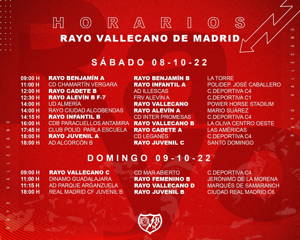 Horarios de nuestros equipos de cantera para este fin de semana 8-9 de octubre.
#VamosRayo #ALasArmas
