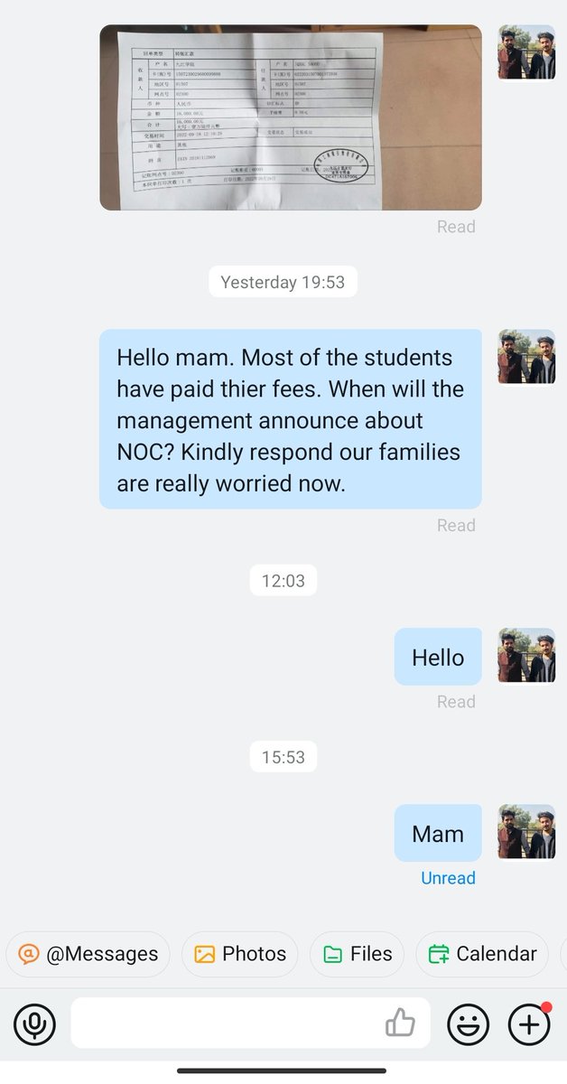 ZainAqdas1's tweet photo. @JiRongMFA you can clearly see they will msg us when its matter of fee. They will reply immediately when asked about fee and when asked about NOC they simply ignore our msg. Most of the times they will see the msg but ignore or no reply at all.
#takeUsBackToChina https://t.co/aHqToGaRFY