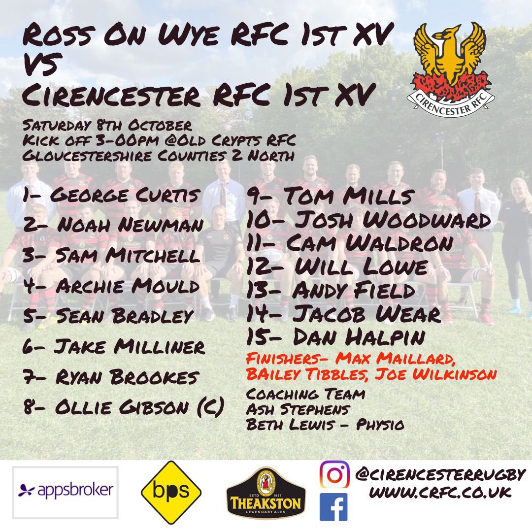 Here’s your @cirencesterrugby 1XV team for tomorrow’s league away game at @rossrfc_seniors 💥 💪 KO 3pm #counties2glosnorth All welcome ⤵️ 🚌 BUS trip for players and supporters. Leaves club at 12:20 prompt. Hop on 🚌 @theakstonbrewery @bpsbuildit @appsbrokerltd @grfurugby