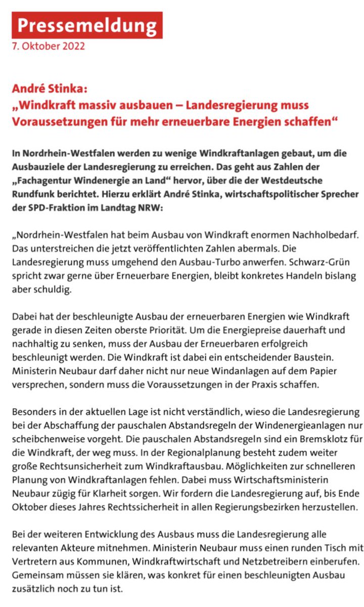 Nur 20 neue #Windenergie-Anlagen von Juli bis September 2022 in NRW. Das bringt nicht mehr als ein laues Lüftchen. Schwarz-Grün muss jetzt endlich den Ausbau-Turbo zünden. Sonst rücken die Ziele der Landesregierung in weite Ferne. Das ganze Statement von André Stinka: 👇