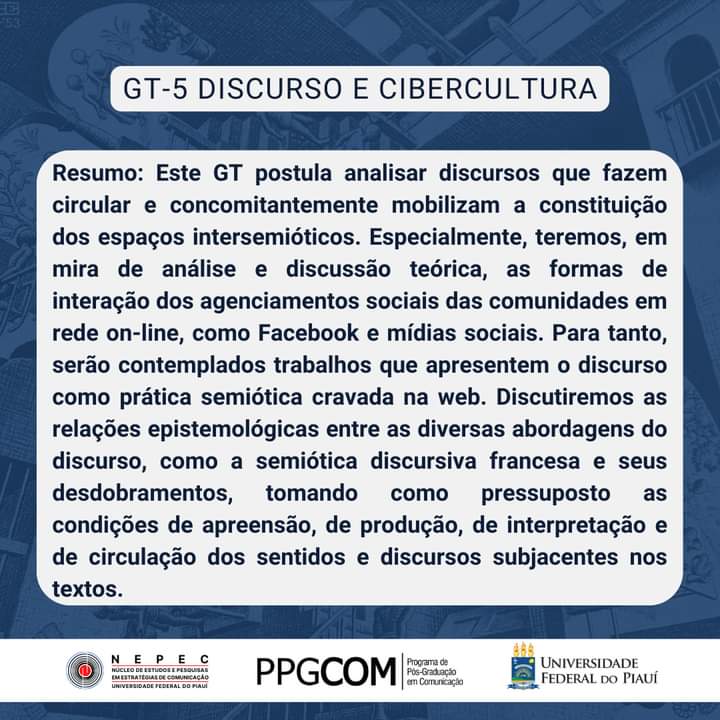 nepecufpi's tweet photo. GT 5 - Discurso e espaço intersemiotico na cibercultura
• Submissões até 20/10
Link para inscrição: https://t.co/SiIJlwUaWb…

Normas para submissão e templete:https://t.co/So1ScXl9xm…

Informações nas redes sociais do @Endis2022 https://t.co/YFJkZURwNu