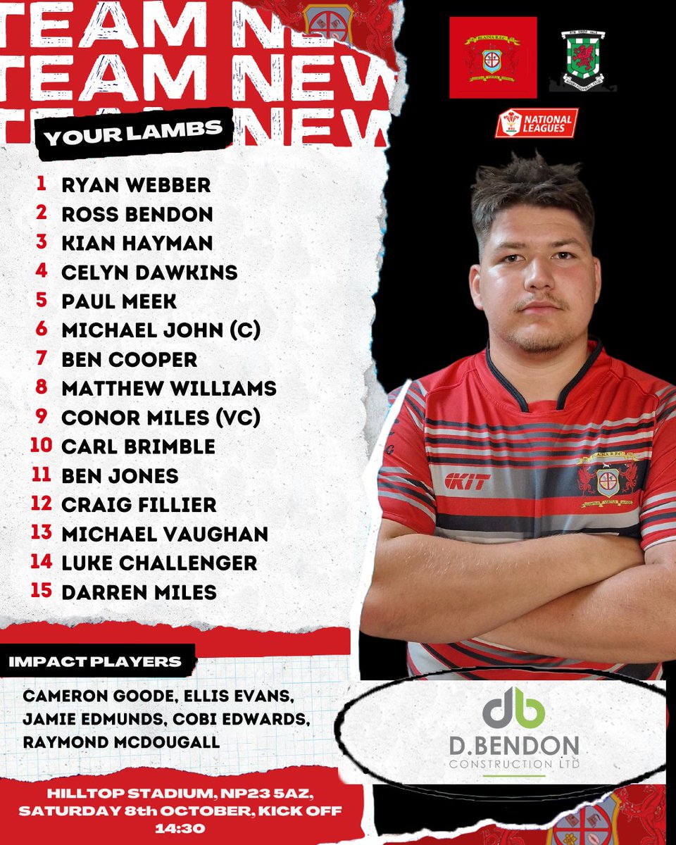 LambsRfc's tweet photo. TEAM NEWS | Your lambs to take on Rtb Ebbw Vale Rfc this Saturday.

🏉 @RTBRFC
📅 Saturday 8th October
📍Hilltop Stadium, NP23 5AZ
🕐 14:30

Come along and support the boys in the first away fixture of the season.

#LAMBS https://t.co/SmE1lD4Hmp