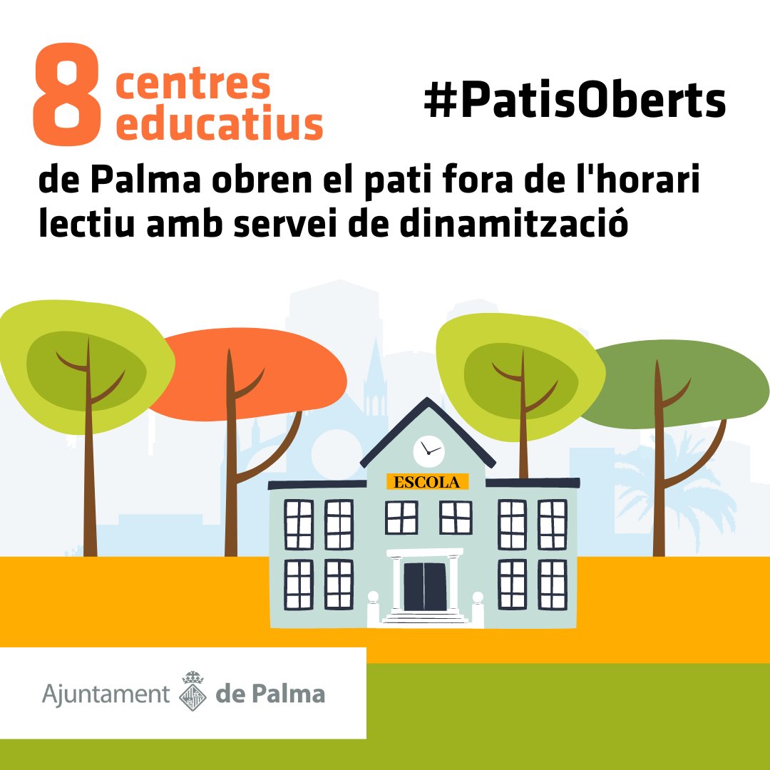 ajuntpalma's tweet photo. 😍Obrim 8 patis escolars els horabaixes i el dissabte matí amb dinamitzadors i monitors perquè els infants puguin gaudir d'activitats a l'aire lliure
🤸Les activitats són obertes per a infants de fins a 12 anys
(🧵👇)
#PalmaEduca https://t.co/At491fIMdH
