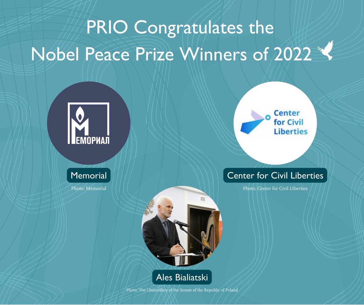PRIO and Director Henrik Urdal (<a href="/h_urdal/">Henrik Urdal</a>) congratulate Ales Bialiatski (<a href="/viasna96/">Viasna</a>), Memorial and Center for Civil Liberties on being awarded the #NobelPeacePrize2022!

Read more here👉 prio.org/news/2974

#NobelPeacePrize #Nobel