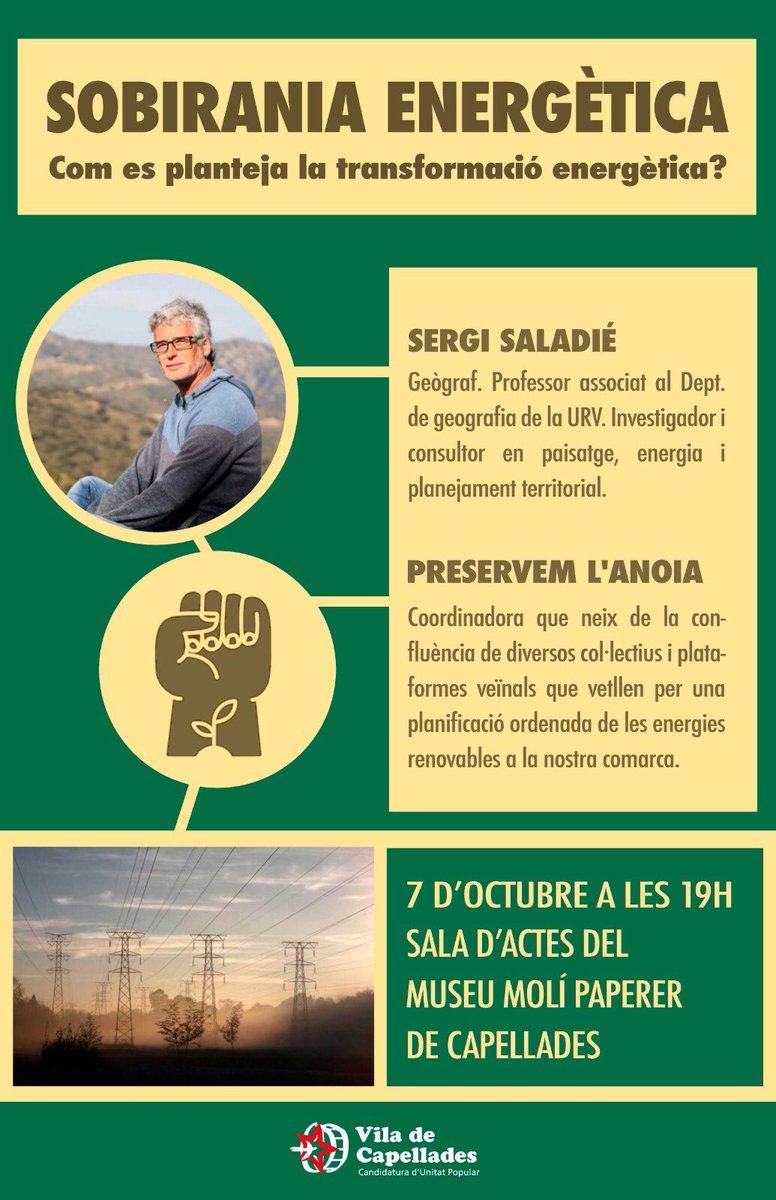 VdCCUP's tweet photo. Avui ens veiem a la xerrada on reflexionarem sobre com s’està duent a terme la transició energètica i quines conseqüències està tenint a l’Anoia. 
📍19h. @mmp_capellades 
#FemVila https://t.co/thCxW6c2H2