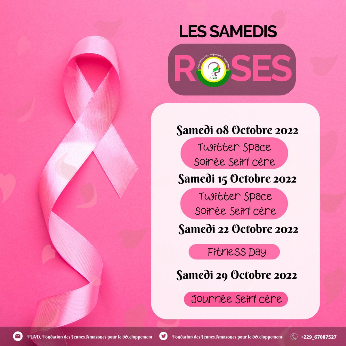 FjadAmazones's tweet photo. OCTOBRE - Mois de lutte contre le cancer du sein

Comme de coutume en Octobre avec notre concept "Les Samedis Roses", nous contribuons à la sensibilisation sur le cancer du sein précisément pour contribuer à la bonne santé des 👧.

"Prévenir est mieux que guérir" dit-on souvent⤵️ https://t.co/wH0RMXyBOd