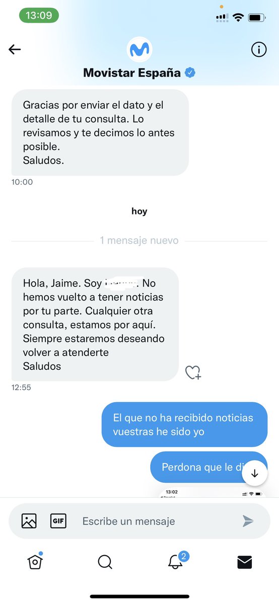 Ole el servicio de #atencionalcliente de <a href="/movistar_es/">Movistar España</a> en @TwitterEspana 🙌🏼🙌🏼 te piden que les envíes #dm te dicen que te dicen lo antes posible y sin saber mas de ellos, te escriben para decirte que no te has comunicado con ellos. 👏🏼👏🏼 bravo por vosotros <a href="/movistar_es/">Movistar España</a>
