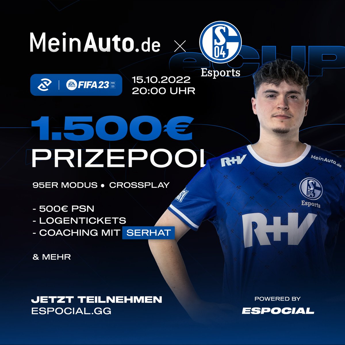 Sei dabei beim <a href="/MeinAuto_de/">MeinAuto.de</a> x S04 eCUP! 💜💙
 
💰 1.500 € Preispool
🗓️ 15.10.2022, 20:00 Uhr
🎮 Crossplay New Gen
⚽ FIFA23 95er Modus, nur <a href="/s04/">FC Schalke 04</a>
🖥️ twitch.tv/s04esports

Anmeldung und Teilnahmebedingungen👉meinauto.me/3CgQ6lA

#s04 #schalke #esports