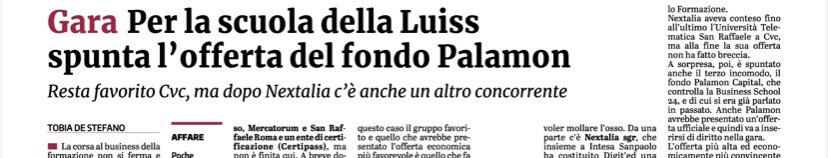 tobiadestefano's tweet photo. Quanto fa gola il settore della formazione⦠Dopo #Cvc e Nextalia per la Business School della Luiss arriva una terza offerta, quella del fondo #Palamon
Su @veritaeaffari https://t.co/BS0olzfeZc