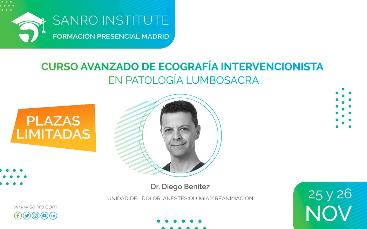 Curso avanzado de ecografía intervencionista en patología lumbosacra de SANRO Electromedicina con el Dr. Diego Benitez Parejo. Técnicas en las principales patologías asociadas al Neuroeje en zona lumbar y sacra para mejorar la calidad de tus tratamientos.