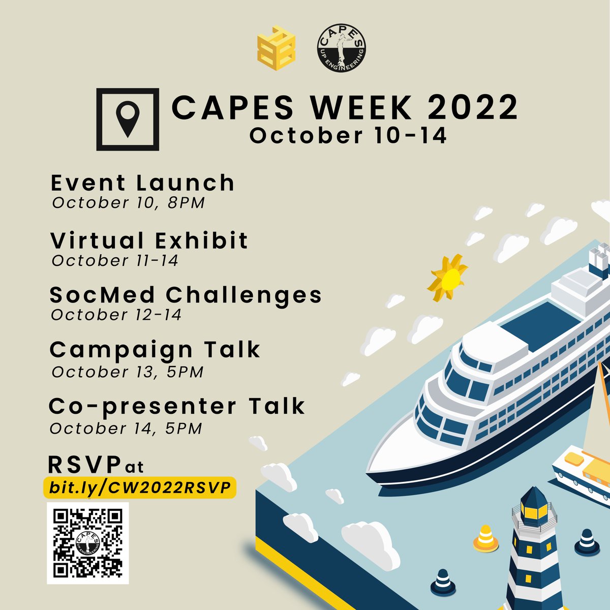 All aboard! We are about to sail through CAPES Week! 🚢

Join us in this week-long expedition brought to you by UP CAPES. RSVP for our events at bit.ly/CAPESWeek2022 

#BuildYourBase now through our Campaign and Co-presenter talks! 

#CAPESWeek2022