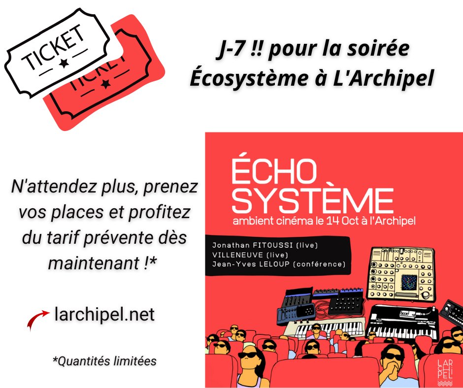 L_Archipel's tweet photo. #ECHOSYSTEME À @L_Archipel // J-7 !!!! 😀
N'attendez plus, prenez vos places et profitez du tarif prévente.
(Les quantités sont limitées)
🎟https://t.co/GitYwPvDX6
#musique #electromusic #house #paris #larchipel #ambientmusic @Jon_Fitoussi #kosmichemusik https://t.co/a8ccvNaZSo