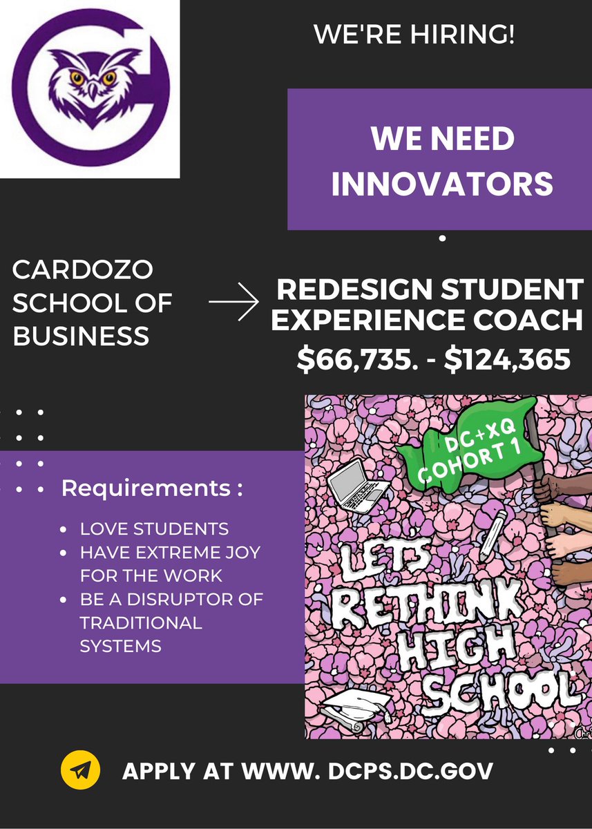 We are HIRING! We are looking for an AMAZING REDESIGN STUDENT EXPERIENCE COACH | Apply dcps.dc.gov | <a href="/DcpsLab/">DCPS Design Lab</a> <a href="/XQAmerica/">XQ</a>