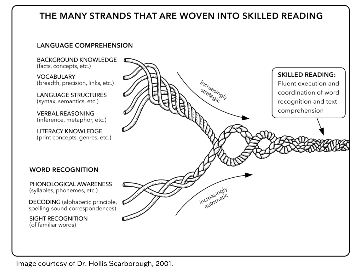 WitWisdomELA's tweet photo. Scarborough’s Reading Rope exemplifies why reading instruction should combine language comprehension (the top five strands) and word recognition (the bottom three strands). Learn more about the relationship between #language and #knowledge: https://t.co/DQfUsG2XYA https://t.co/xWACknax4Q