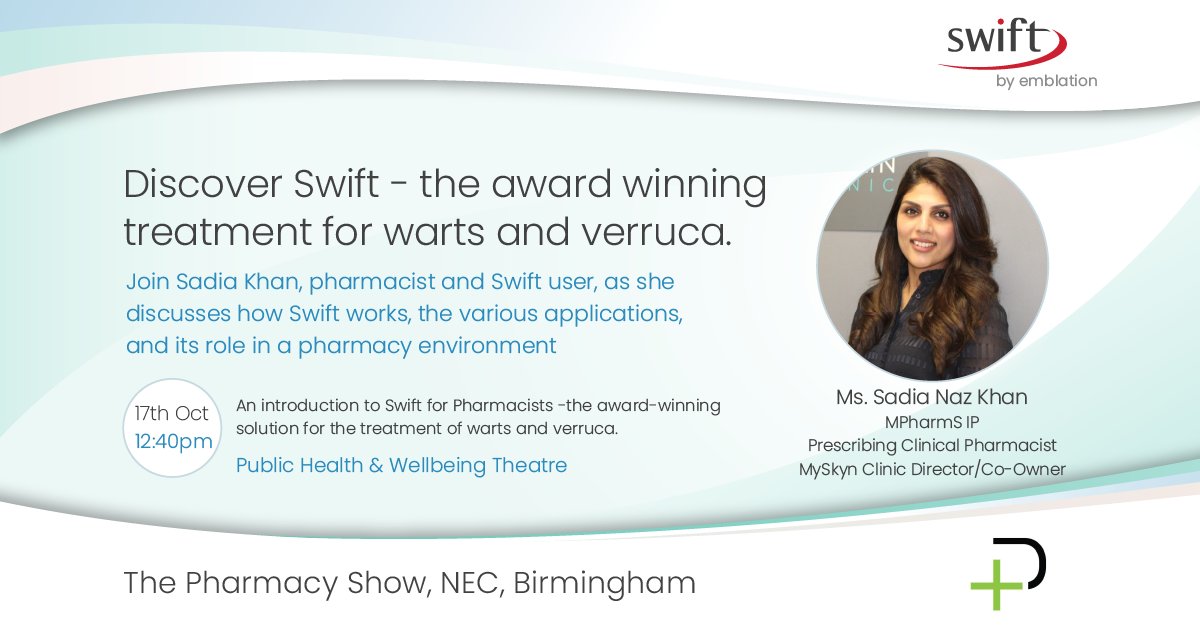 ⭐  The Pharmacy Show Birmingham ⭐

Join pharmacist and Swift user, Sadia Khan, for an introduction to Swift Microwave Therapy our award-winning solution for the treatment of warts and verruca.

Monday 17th | 12:40pm | Public Health &amp; Wellbeing Theatre

#ThePharmacyShow