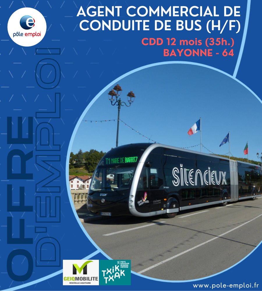 📢Formation diplômante &amp; Recrutement de 10 conducteurs de bus (h/f) à <a href="/VilleDeBayonne/">VilleDeBayonne</a> avec le <a href="/Geiq_Transport/">GEIQ Transport Nouvelle Aquitaine</a> et @pole_emploi.
⏰ RDV le 28 oct au @pole_emploi de #Bayonne.
ℹ️ Inscription via l'offre d'emploi ici >>> candidat.pole-emploi.fr/offres/recherc…
#TousMobilisés