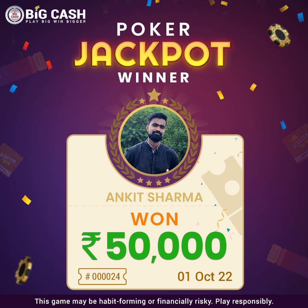 BigCash_Live's tweet image. Big Congratulation to our Poker Jackpot winner 💥Ankit Sharma💥 on winning Rs.50,000.😊 You can also play games on Big Cash and win real cash.😎

👉 Download the app now: bit.ly/2Z9CXeM

#BigCash #Poker #PokerJackpot #Onlinegames #GamingWorld #PlayFromHome #WinRealCash