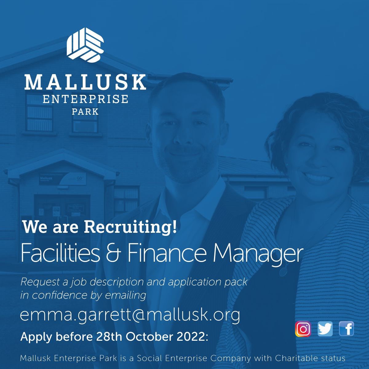 MalluskInfo's tweet photo. #JobFairy
We are recruiting a Facilities and Finance Manager
Request an job description and application pack in confidence via email Emma.garrett@mallusk.org
#MEP #MakingEnterprisePossible https://t.co/RMACMJCb3I