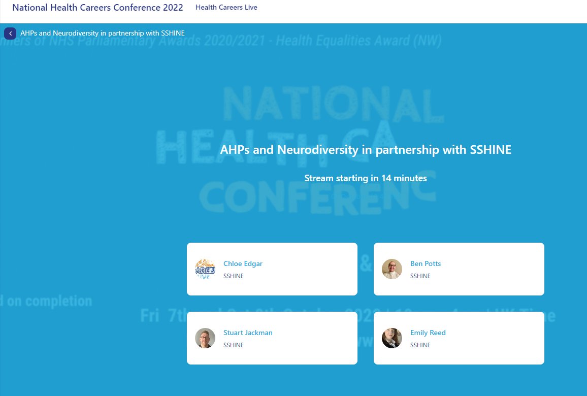 Sitting and patiently waiting for #AHPLiveStage with <a href="/SSHINE_Students/">SSHINE 🌠 #sshine</a>, <a href="/itsEmilyAnnReed/">Emily Reed (she/they)</a> <a href="/jackman_stuart/">Stuart Jackman</a>, <a href="/chloedgarx/">Chloe Edgar (She/Her)</a>, and <a href="/ben_imaging/">Ben Potts</a> to talk about #Neurodiversity in clinical placement. Excited!! <a href="/healthcareersco/">National Health Careers Conference 🏥</a> Live in 10 minutes! <a href="/TuckeyMandy/">Mandy Tuckey</a> <a href="/carrie_biddle/">Carrie Biddle</a>