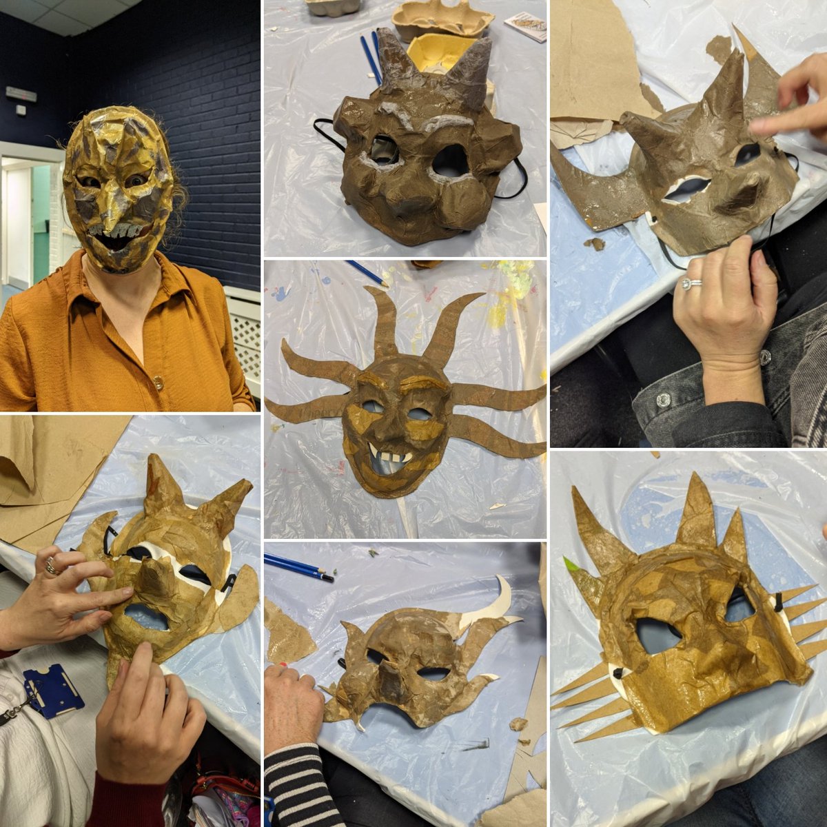 Midweek #history themed #artworkshops for @ArtsPrimary #teachingteachers. Busy morning #printing #suffragette #posters and an afternoon of #gargoyle #maskmaking using #recycledmaterials. #hpan #stepbackintime #inset #workshops #reliefprint #print #masks