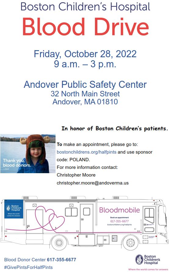 AndoverMassPD's tweet photo. It's time for our "Pints for Half-Pints" blood drive benefiting @BostonChildrens. If you have the time, and blood to spare, visit https://t.co/7rpy0TnPVC and use sponsor code POLAND to book your appointment.
Date: 10/28/2022
Time: 9:00a to 3:00p
#GivePintsForHalfPints
#andoverma https://t.co/XOpqHyqWCe