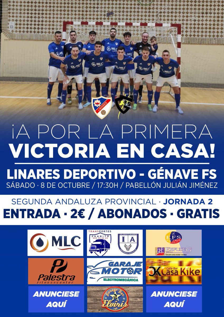 🔵 𝐂𝐀𝐑𝐓𝐄𝐋

¡Mañana hay partido en el Julián Jiménez! 🏟️

⚽️ Nuestro equipo debuta en casa (17:30h) ante el <a href="/GenaveFutsal/">Génave Futsal</a>, con la intención de sumar los primeros 3️⃣ puntos como local. 

🎟️ Entrada gratuita para abonados • 2€ entrada general.

#ElLinaresEresTÚ 💙
