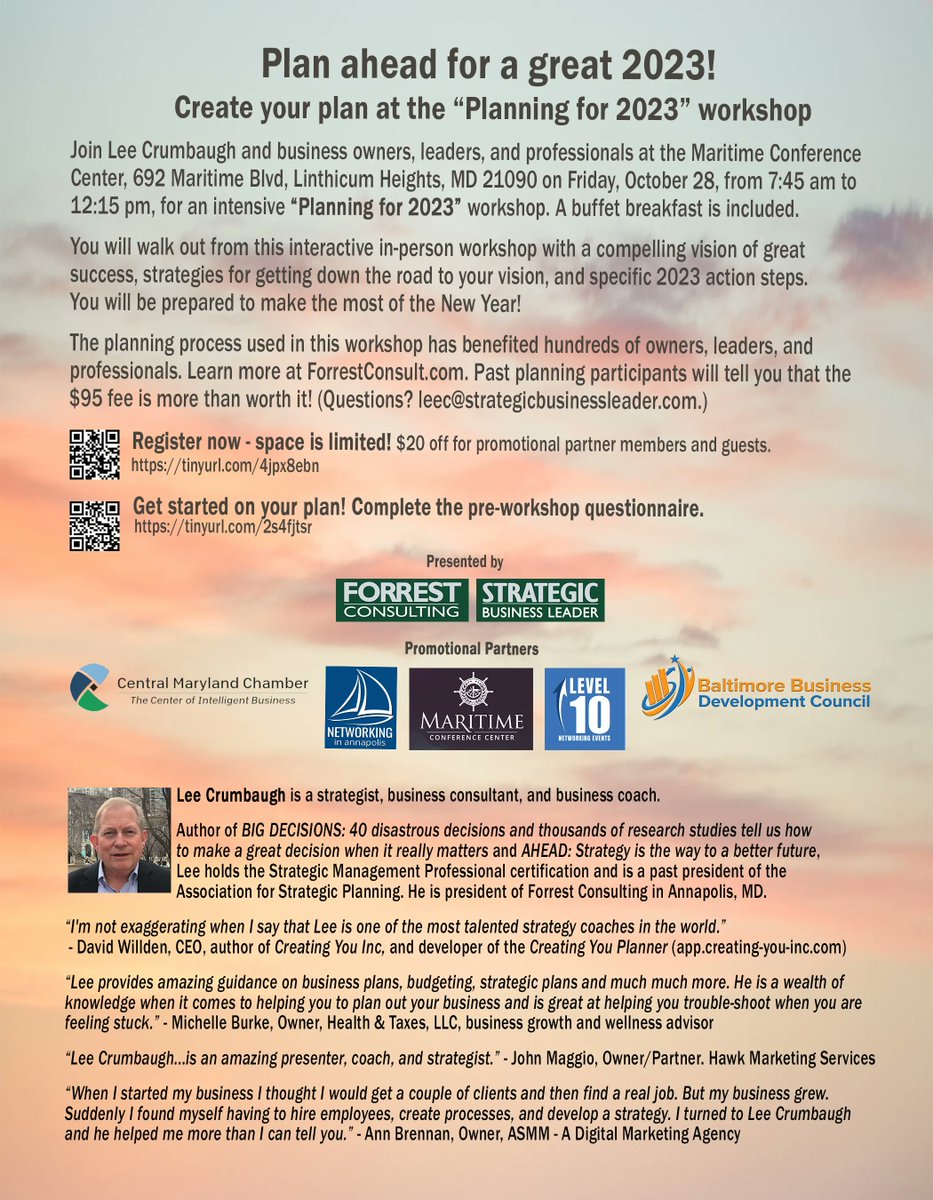 leepublish's tweet photo. DMV friends, join me at the Maritime Conference Center in Linthicum Heights on 10/28, for a “Planning for 2023” workshop. You'll walk out with a vision of great success, strategies for getting down the road, and specific 2023 action steps.  Register here: https://t.co/VrU2iix0pg https://t.co/4lpE104j1t