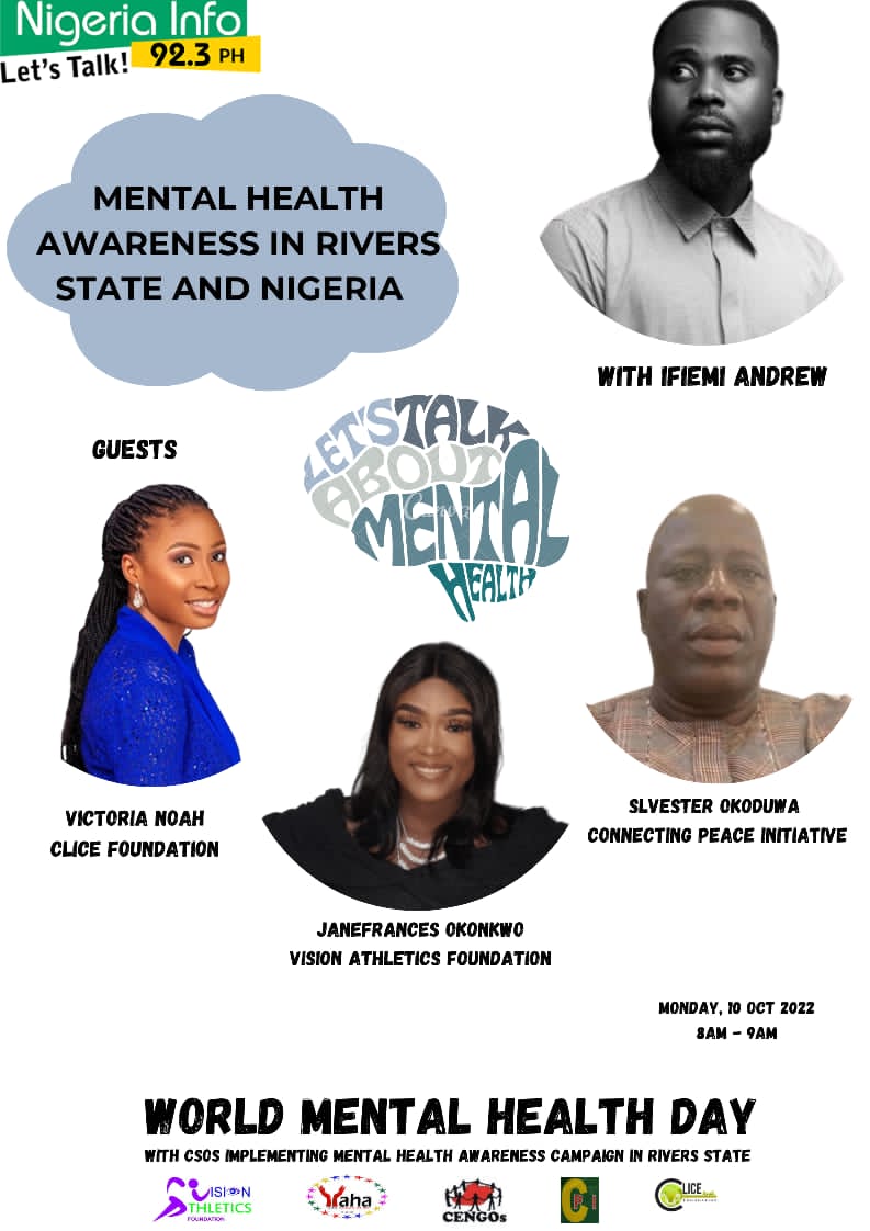 ConnectPeaceIn's tweet image. 10th of October is world mental Health Day. In respect to honor this great day 
We will be at @NigeriaInfoPH 
Kindly join us as we Discuss pertinent solutions to mental health.
#mentalhealth 
#MentalHealthAwareness 
#EuropeanUnion  #MentalHealthMatters    #healthylifestyle