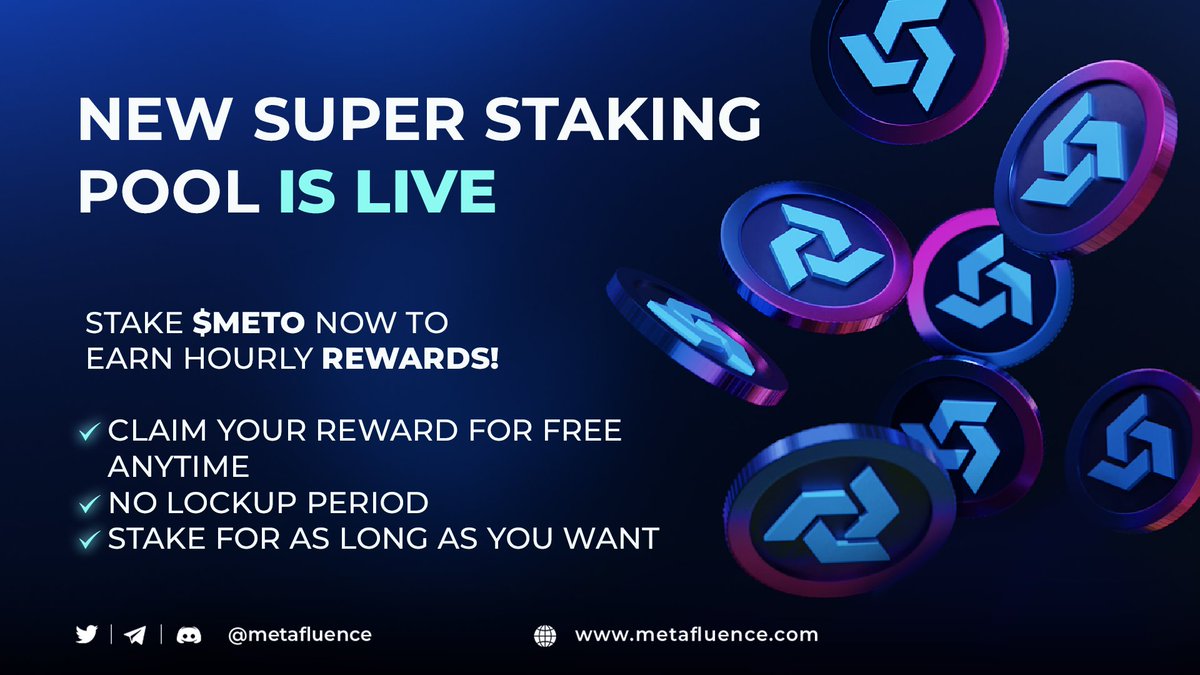 metafluence's tweet image. You'll earn hourly rewards with the new $METO Staking model! 💰

🚀 Claim your reward for free anytime
🔓 No lockup period
⏳ Stake for as long as you want
❗️ Exit fee as low as 1.7%

👉 Stake your $METO now and let it earn you hourly: metafluence.com/staking/