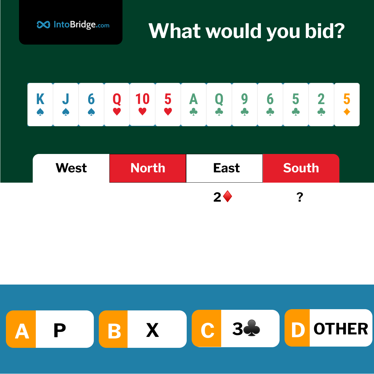 IntoBridgeCom's tweet image. Unappealing Options

On today's deal, you, playing as South, are in 2nd seat. East, on the right, opens the bidding with 2♦, weak 2 in ♦. You are in Red vs White. Your call? IMPs Scoring.
#bridge #playbridge #learnbridge #cards #contractbridge #duplicatebridge
