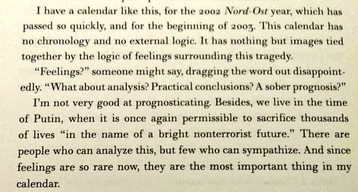 sarahkendzior's tweet image. Anna Politkovskaya was murdered 16 years ago today. From her book "A Small Corner of Hell":