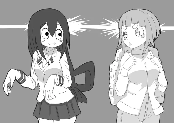 「ケロ!?」
「にょ!?」

$picRT #ヒロアカ #大東京鬼嫁伝 #イラスト #絵描きさんと繋がりたい 