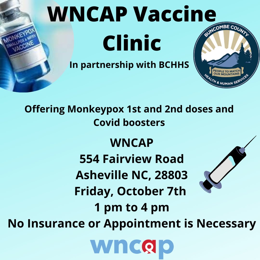 Today!!! 
We are hosting another Monkeypox Vaccine Clinic! Today, Friday, October 7th from 1 pm-4 pm we are offering Monkeypox 1st and 2nd doses as well as Covid Booster shots. No insurance or appointment is required! Come out to our Fairview Rd location and get vaccinated!