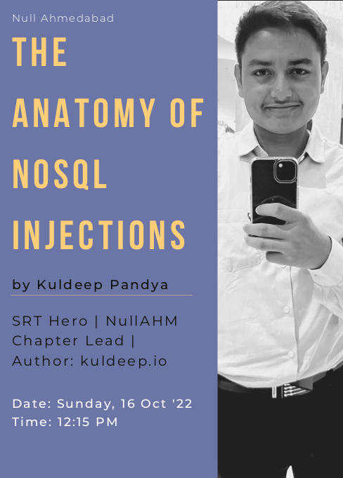 NullAhm's tweet photo. 📢 Step-up your hunting game from SQLi to NOSQLi. 

@kuldeepdotexe the @synack  HERO would be dropping his methodology to uncover NOSQL injection bugs 🐞

Register here: https://t.co/jEVmkjlQer

@null0x00
 
#null #nullAhm #infosec #meetup #SQLi #NOSQLi #owasp https://t.co/hS2CVZcTUc